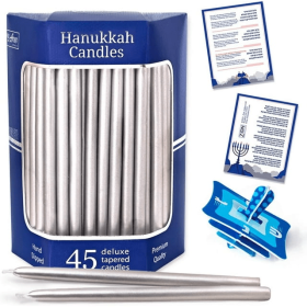 Aviv Judaica Premium Dripless Hanukkah Candles Metallic Silver Hand Dipped Candle Set of 45 Decorative Chanukah Flames Fits Standard Menorahs Product